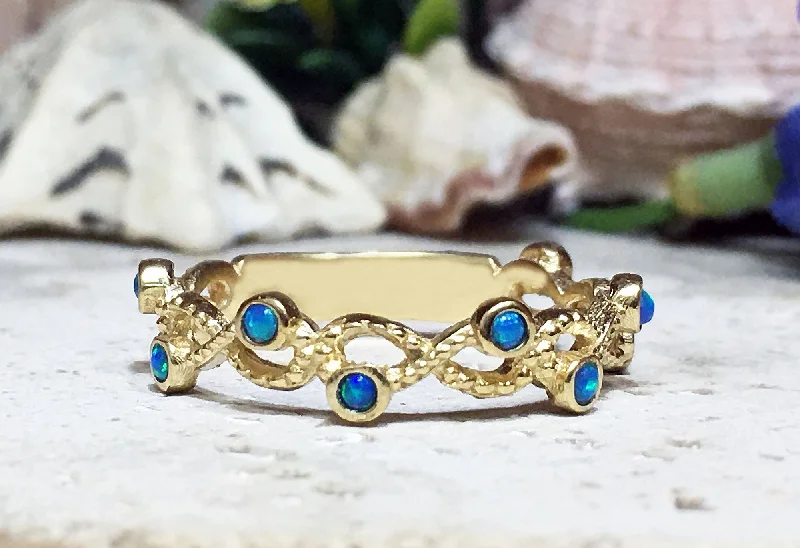 Jade Gemstone Rings with Intricate CarvingsBlue Opal Ring - October Birthstone - Infinity Ring with Ten Small Round Blue Opal Gemstones