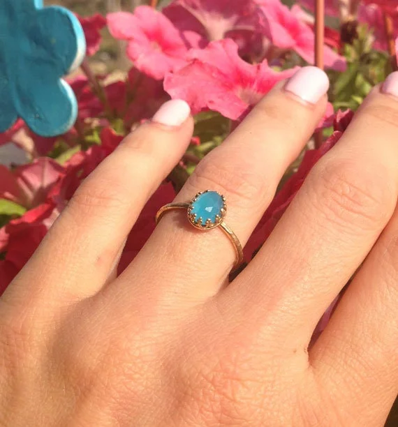 Agate Gemstone Rings with a Banded and Textured DesignBlue Chalcedony Ring - Delicate Hammered Ring with Oval Blue Chalcedony Gemstone