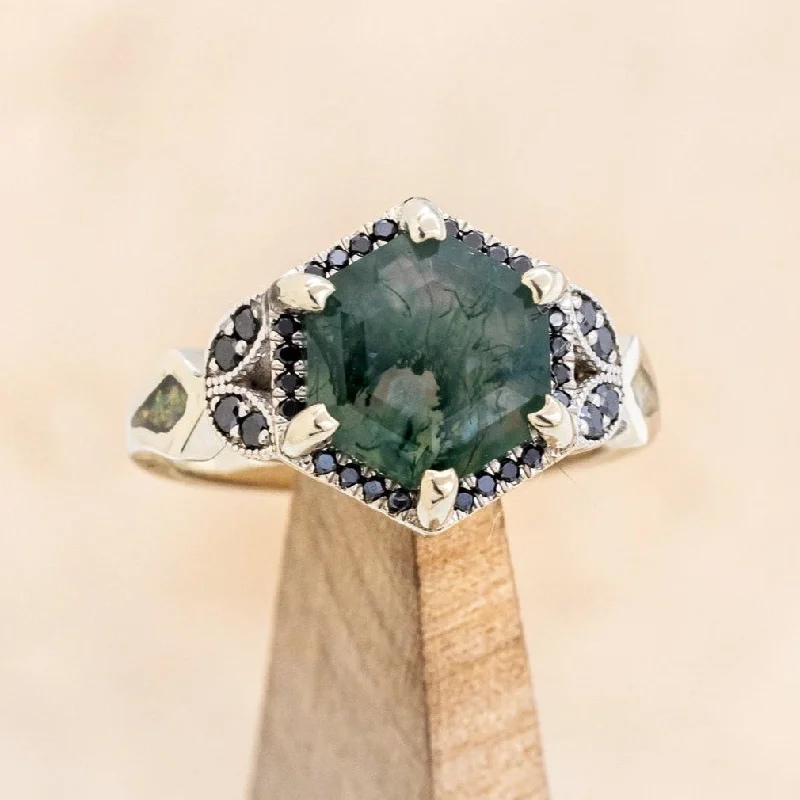 "LUCY IN THE SKY" - HEXAGON CUT MOSS AGATE ENGAGEMENT RING WITH BLACK DIAMONDS AND FIRE & ICE OPAL INLAYS