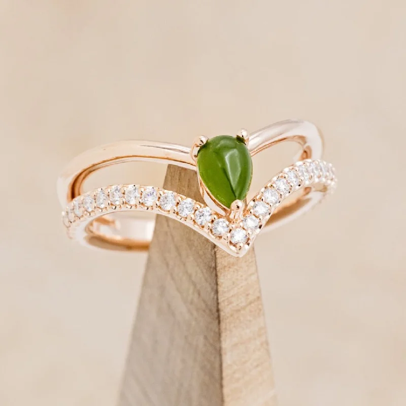 "CICELY" - PEAR SHAPED CABOCHON JADE ENGAGEMENT RING WITH DIAMOND ACCENTS