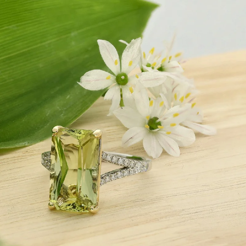 Garnet Gemstone Rings with a Vintage - Style Bezel Setting18ct White Gold Yellow Beryl & Diamond Ring