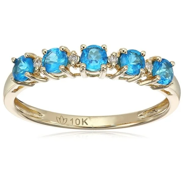 Emerald Gemstone Rings with Diamond - Encrusted Halos10k Yellow Gold Neon Apatite Diamond Stackable Ring, Size 7 - Blue