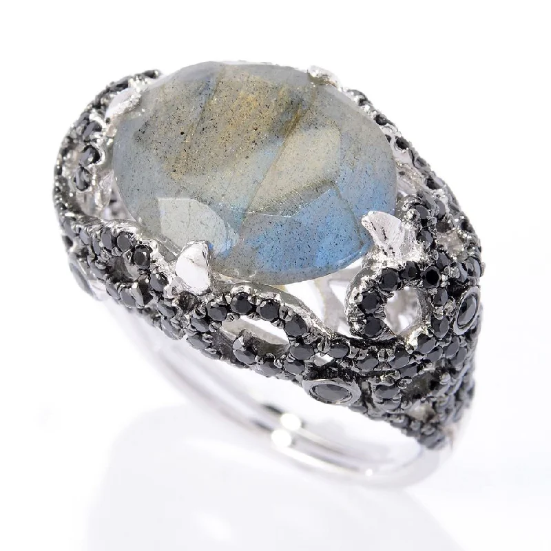 Aquamarine Gemstone Rings with a Nautical - Themed SettingSterling Silver Labradorite and Black Spinel Ring