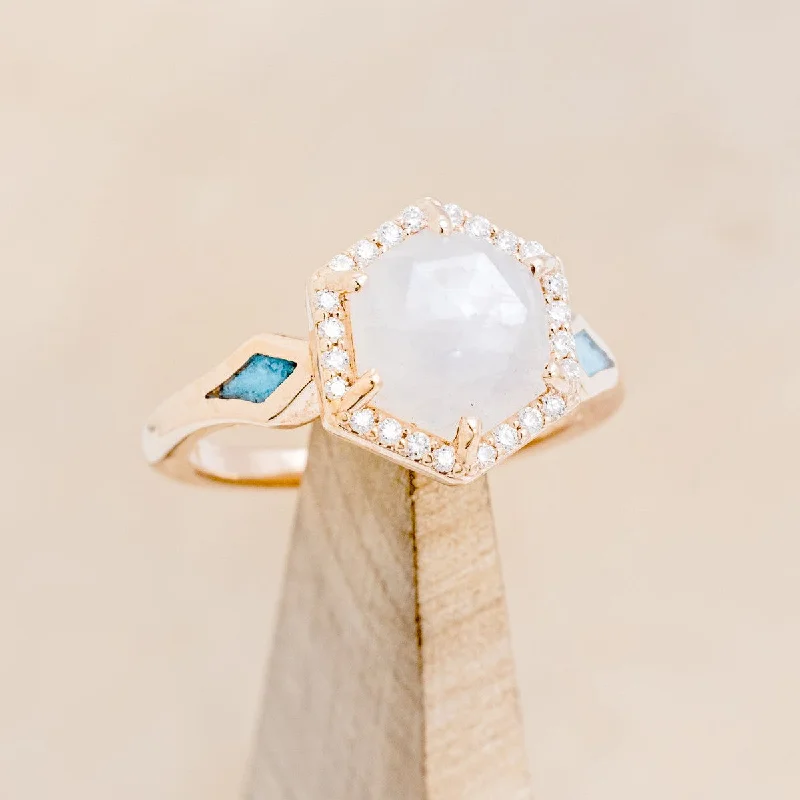 "CRAZY ON YOU" - HEXAGON MOONSTONE ENGAGEMENT RING WITH DIAMOND HALO & TURQUOISE INLAYS