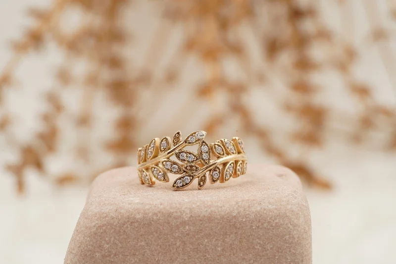 Ruby Gemstone Rings with Intricate Gold Filigree SettingsLeaf Diamond Stacking Gold Wedding Band