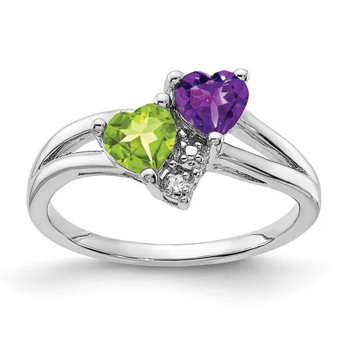 Tanzanite Gemstone Rings with Platinum Milgrain DetailingSterling Silver Amethyst Peridot Double Heart and Diamond Accent Ring