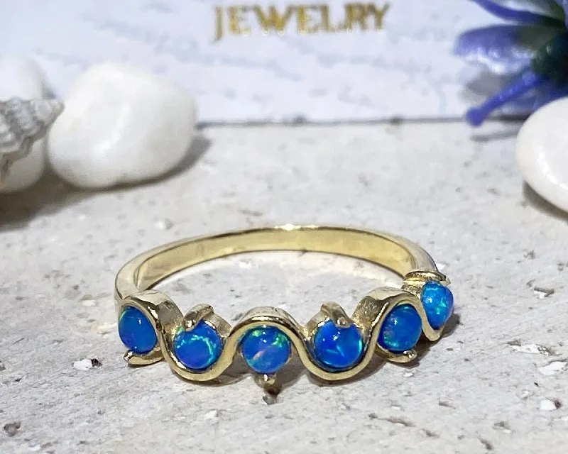 Peridot Gemstone Rings with a Floral - Motif BandBlue Opal Ring - October Birthstone - Simple Stacking Ring with Five Blue Opal Gemstones