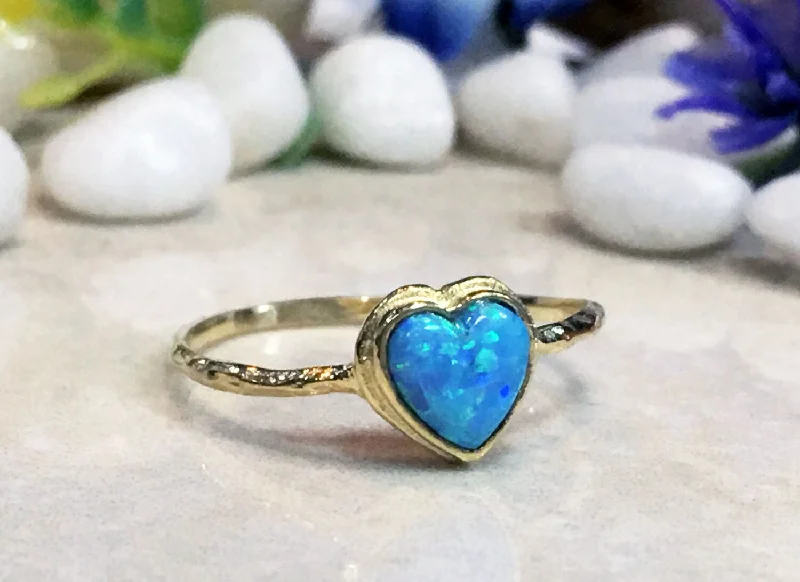 Agate Gemstone Rings with a Banded and Textured DesignBlue Opal Ring - October Birthstone - Heart Blue Opal Delicate Hammered Band Ring