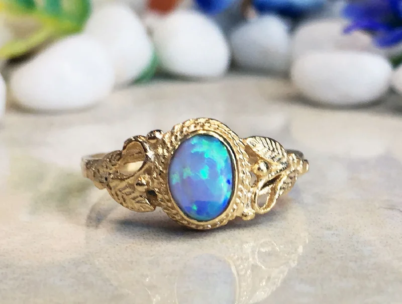 Ruby Gemstone Rings with Intricate Gold Filigree SettingsBlue Opal Ring - October Birthstone - Delicate Lace Ring with Oval Blue Opal Stone and Leaves Accents