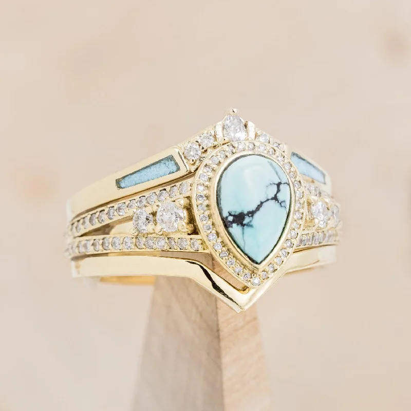 "SOFIA" - BRIDAL SUITE - PEAR CUT TURQUOISE ENGAGEMENT RING WITH DIAMOND HALO & TRACERS