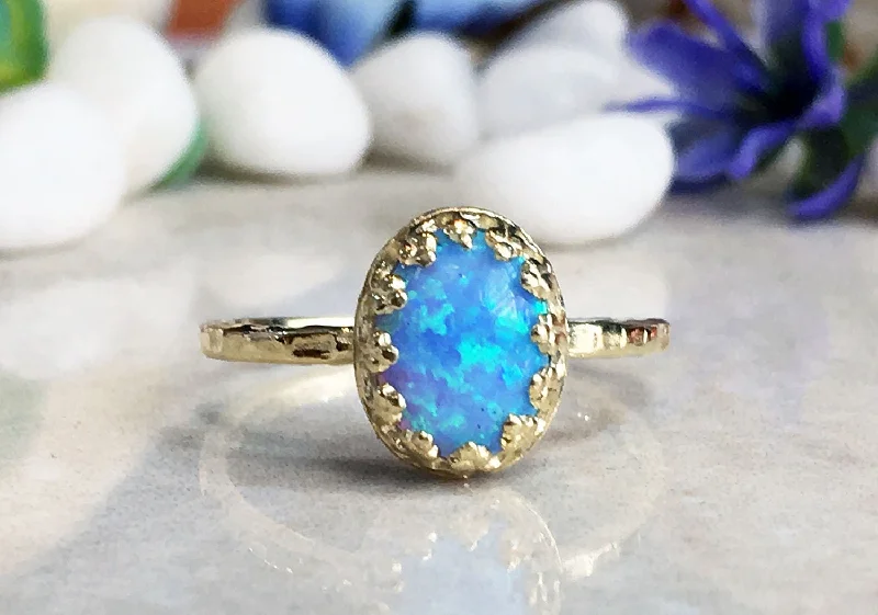 Turquoise Gemstone Rings with Native American - Inspired PatternsBlue Opal Ring - October Birthstone - Blue Opal Gemstone Oval Crown Delicate Hammered Band Ring