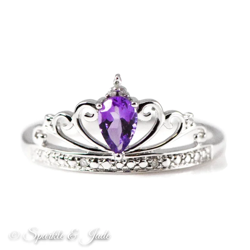 Amethyst Gemstone Rings with Sterling Silver Braided BandsSterling Silver Teardrop Pear Amethyst and Diamond Crown Ring