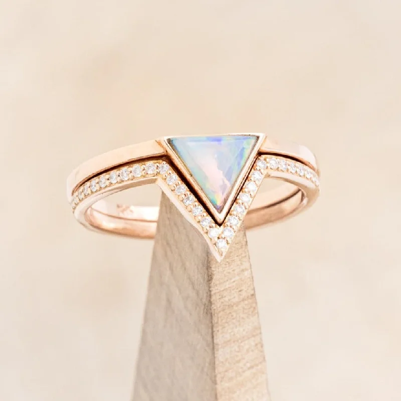 "JENNY FROM THE BLOCK" - TRIANGLE CABOCHON CUT OPAL ENGAGEMENT RING WITH DIAMOND V-SHAPED TRACER