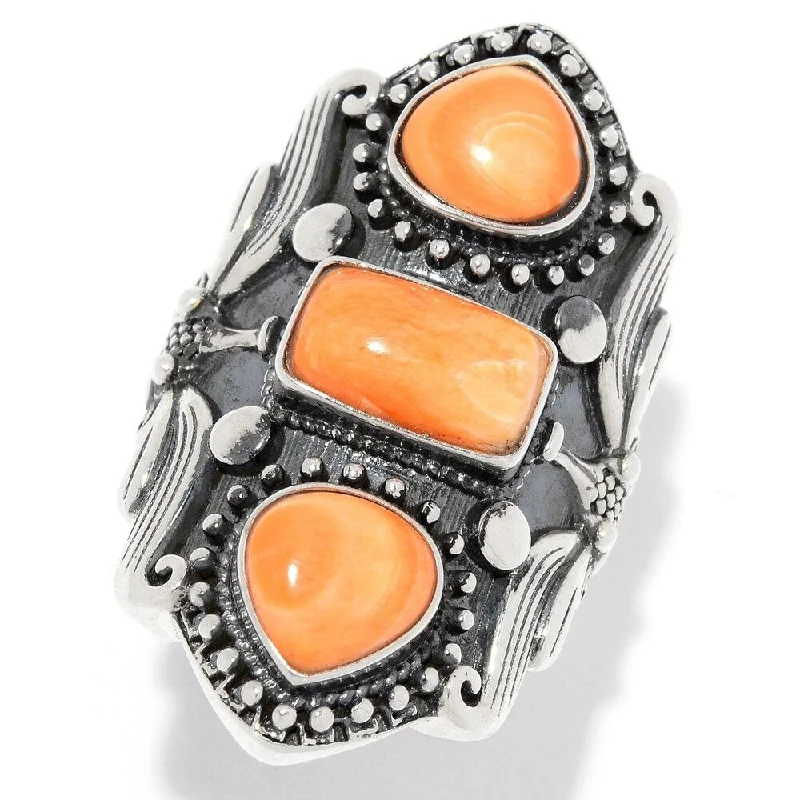 Jade Gemstone Rings with Intricate CarvingsSterling Silver Orange Spiny Oyster 3-Stone Shield Ring