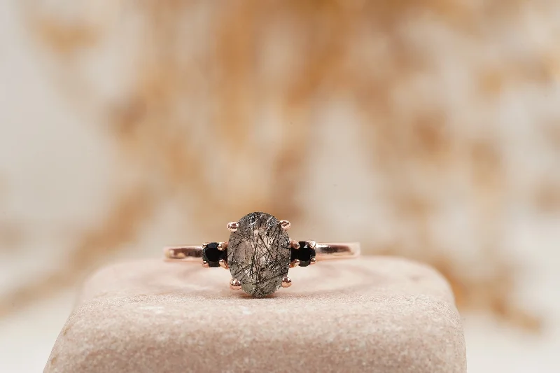 Malachite Gemstone Rings with a Marble - like PatternOval Cut Black Rutile Quartz Engagement Ring 14K Rose Gold