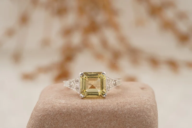 Peridot Gemstone Rings with a Floral - Motif BandYellow Moissanite Asscher Cut Engagement Ring