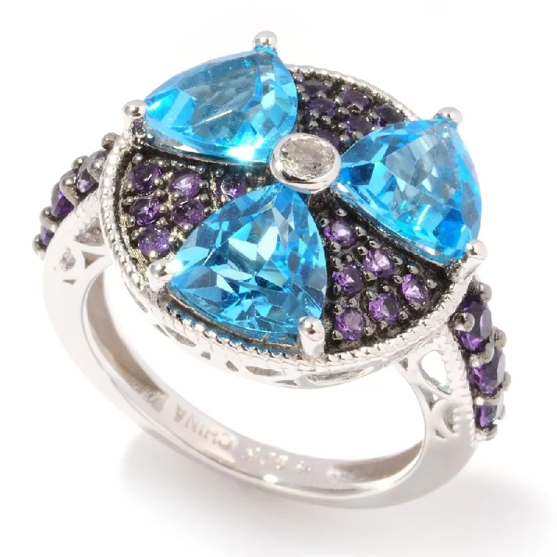 Morganite Gemstone Rings with Rose Gold AccentsSterling Silver 4.62Ctw Swiss Blue Topaz, African Amethyst Cluster Ring