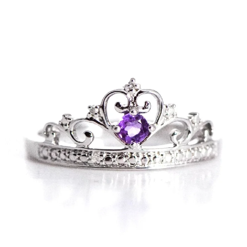 Opal Gemstone Rings with a Rainbow - Hued Play of ColorSterling Silver Genuine Amethyst and Diamond Princess Crown Ring