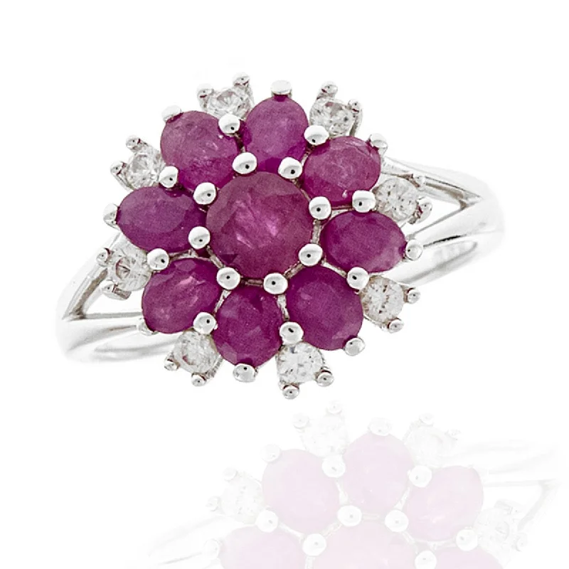 Aquamarine Gemstone Rings with a Nautical - Themed Setting925 Sterling Silver African Ruby and White Zircon Gemstone Flower Ring