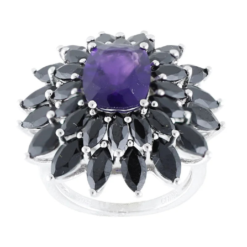 Alexandrite Gemstone Rings with a Chameleon - like Color ChangeSterling Silver Amethyst and Black Spinel Flower Ring