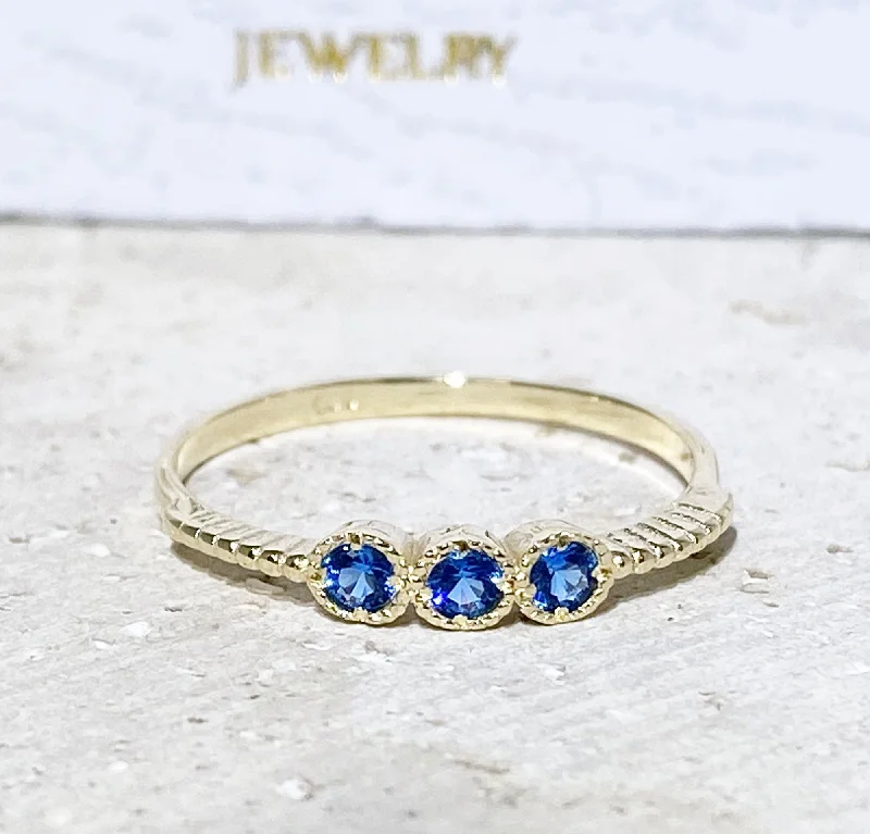 Sapphire Gemstone Rings in a Victorian - Inspired DesignBlue Topaz Ring - December Birthstone - Tiny Stacking Ring with Three Round Blue Topaz Gemstones