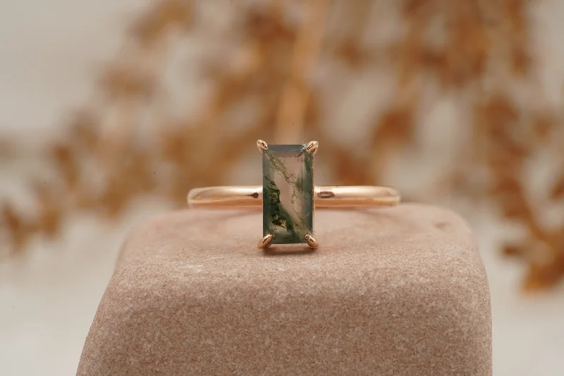 Jade Gemstone Rings with Intricate CarvingsMoss Agate Baguette Cut Rose Gold Engagement Ring