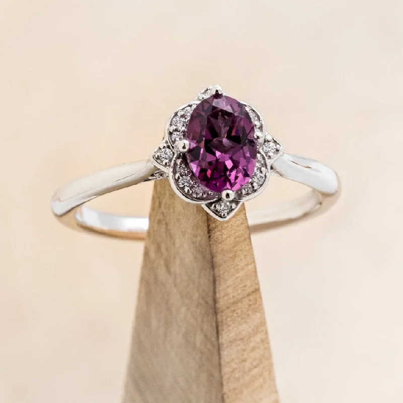 "JANE" - OVAL CUT RHODOLITE GARNET ENGAGEMENT RING WITH DIAMOND ACCENTS