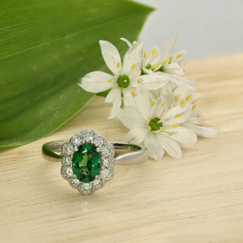 Jade Gemstone Rings with Intricate Carvings18ct White Gold Green Tsavorite Garnet & Diamond Cluster Ring