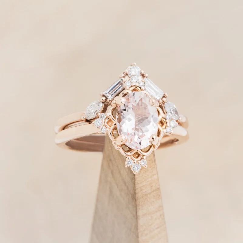 "TREVA" - OVAL MORGANITE ENGAGEMENT RING WITH DIAMOND ACCENTS & "MELODY" TRACER