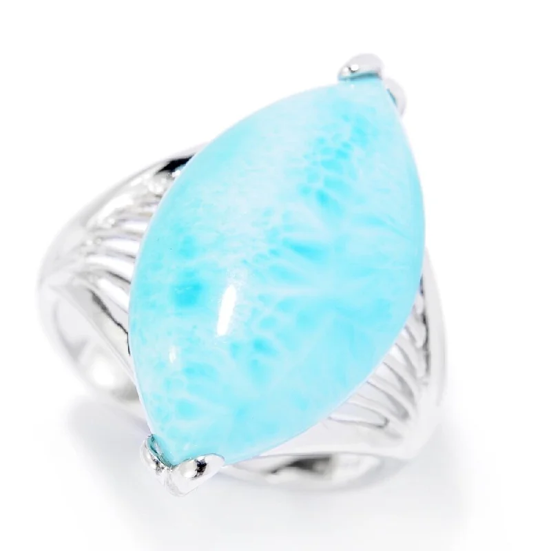 Agate Gemstone Rings with a Banded and Textured DesignSterling Silver 21 x 12mm Marquise Shaped Larimar Ring