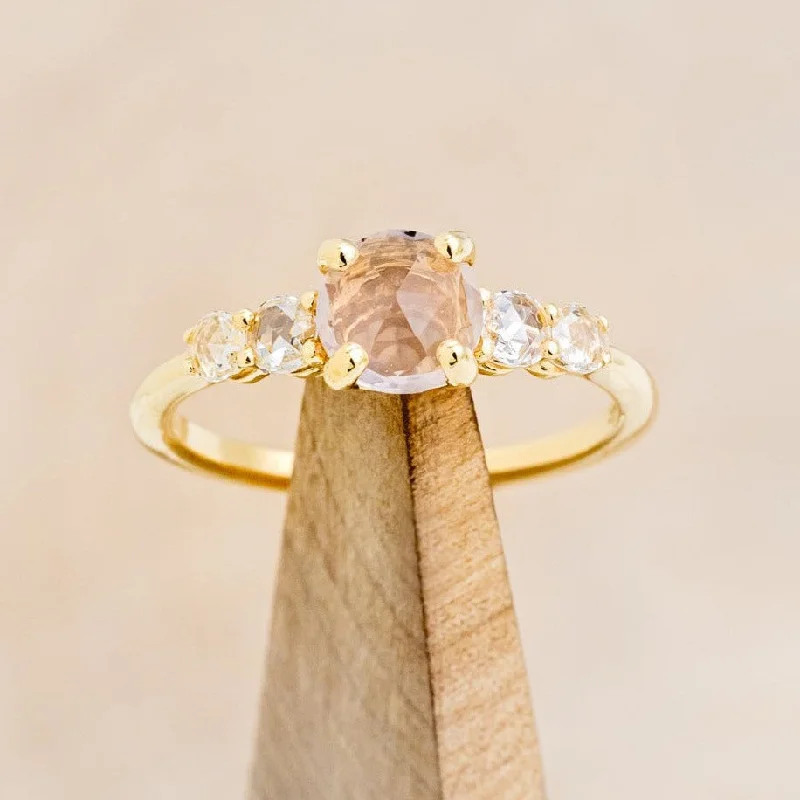 "GEMINI" - ROUND CUT ROSE QUARTZ ENGAGEMENT RING WITH DIAMOND ACCENTS