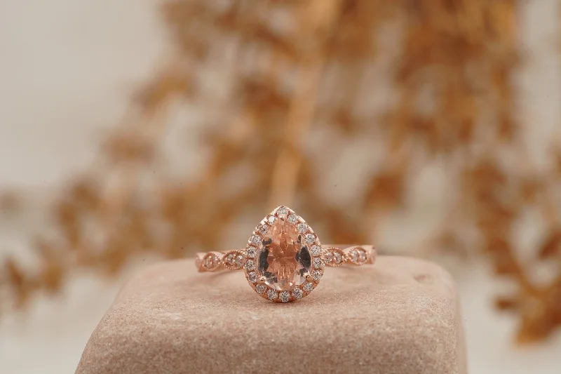 Garnet Gemstone Rings with a Vintage - Style Bezel SettingPear Shaped Morganite Rose Gold Bridal Engagement Ring