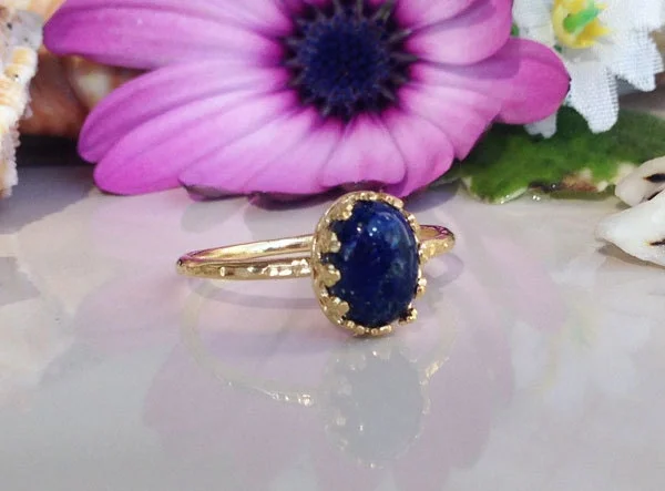 Opal Gemstone Rings with a Rainbow - Hued Play of ColorBlue Lapis Ring - Delicate Hammered Oval Crown Ring with Lapis Lazuli Gemstone