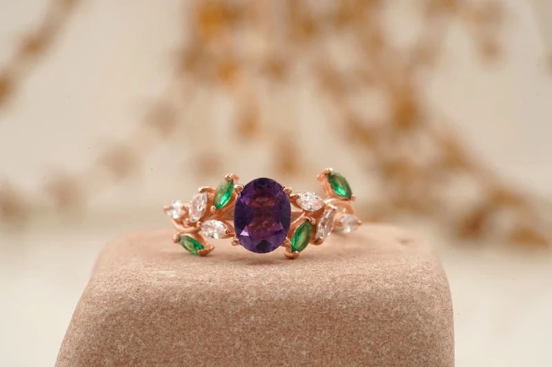 Ruby Gemstone Rings with Intricate Gold Filigree SettingsOval Amethyst & Emerald CZ Cluster Engagement Ring