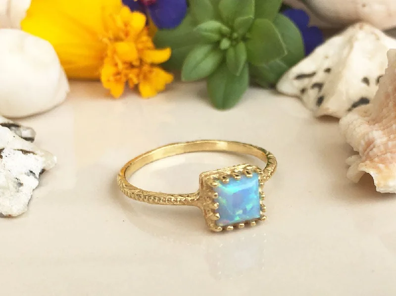 Amethyst Gemstone Rings with Sterling Silver Braided BandsBlue Opal Ring - October Birthstone - Square Crown Simple Hammered Ring with Blue Opal Gemstone