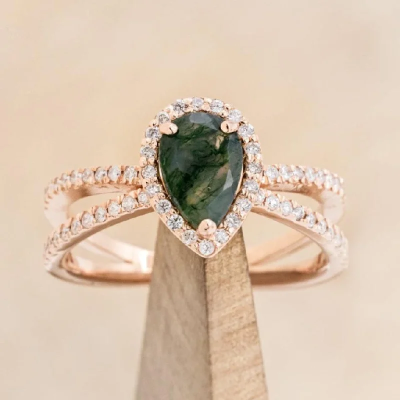 "NALA" - PEAR CUT MOSS AGATE ENGAGEMENT RING WITH DIAMOND HALO & ACCENTS