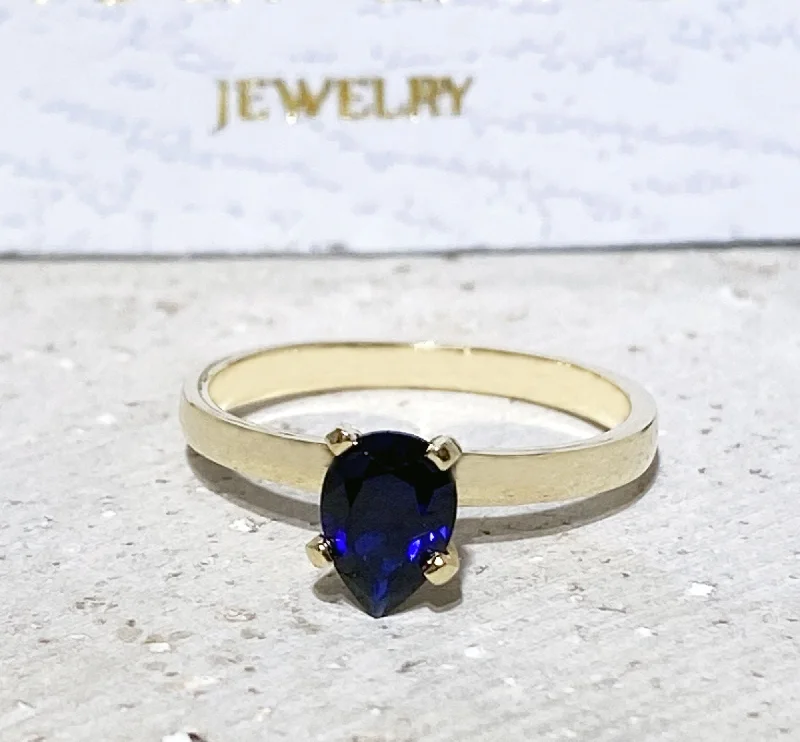 Emerald Gemstone Rings with Diamond - Encrusted HalosBlue Sapphire Ring - September Birthstone - Solitaire Ring with Pear-Shaped Blue Sapphire Gemstone