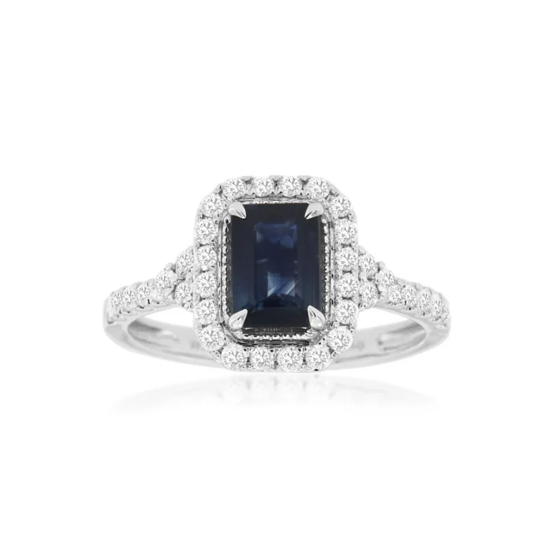 Alexandrite Gemstone Rings with a Chameleon - like Color Change14 Karat White Gold Emerald Cut Sapphire and Diamond Halo Ring