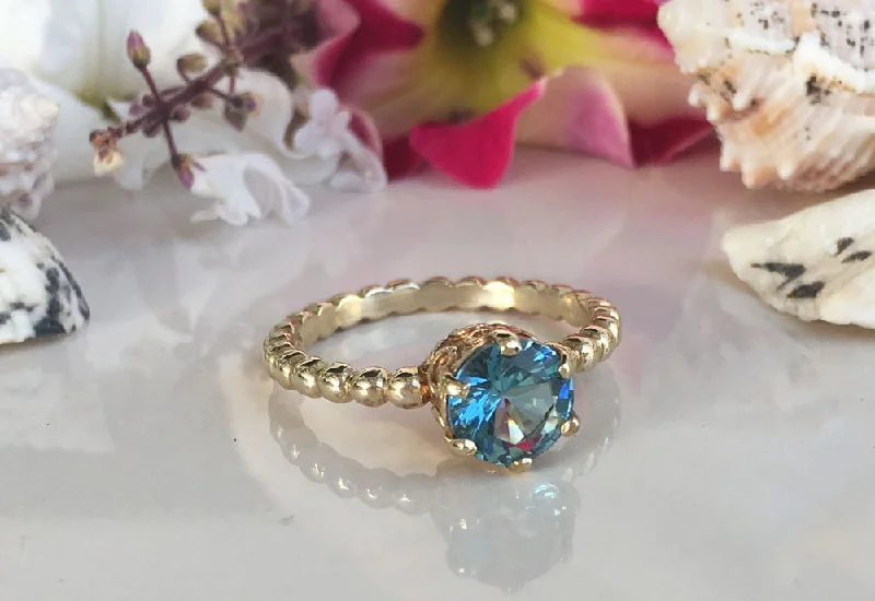 Lapis Lazuli Gemstone Rings with Gold - Leaf InclusionsBlue Topaz Ring - December Birthstone - Round Blue Topaz Gemstone Beaded Band Ring