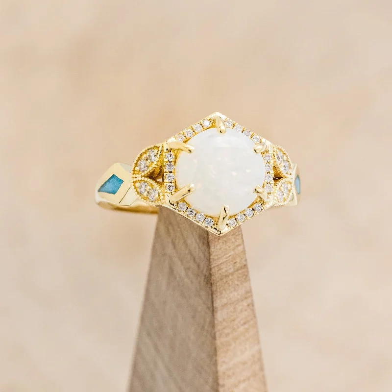 "LUCY IN THE SKY" - ROUND CABOCHON CUT WHITE OPAL ENGAGEMENT RING WITH DIAMOND ACCENTS & TURQUOISE INLAYS