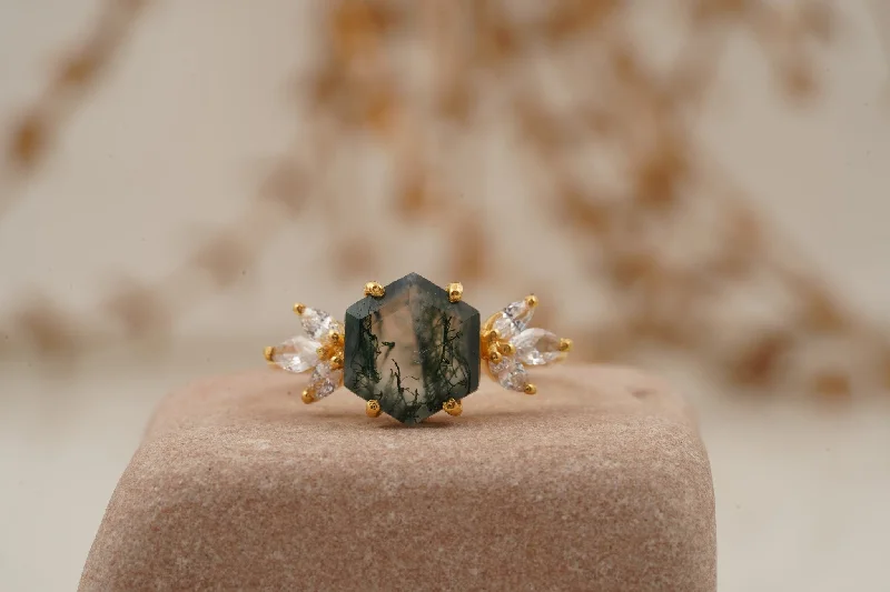 Emerald Gemstone Rings with Diamond - Encrusted HalosHexagon Cut Moss Agate Marquise CZ Cluster Engagement Ring