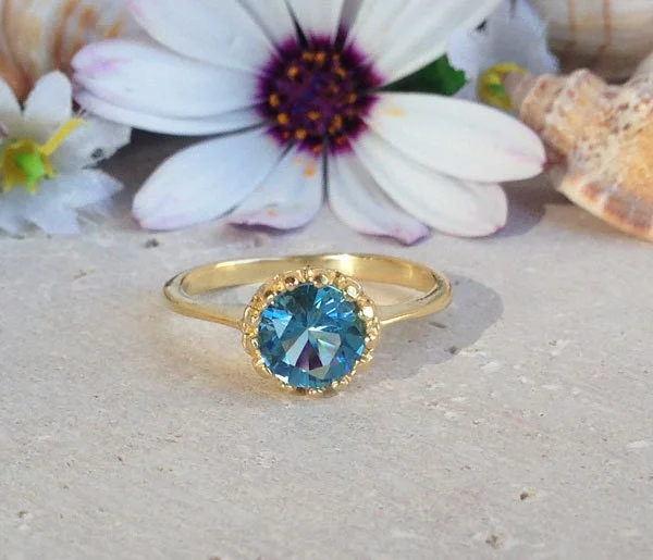 Garnet Gemstone Rings with a Vintage - Style Bezel SettingBlue Topaz Ring - December Birthstone - Blue Topaz Gemstone Round Crown Ring