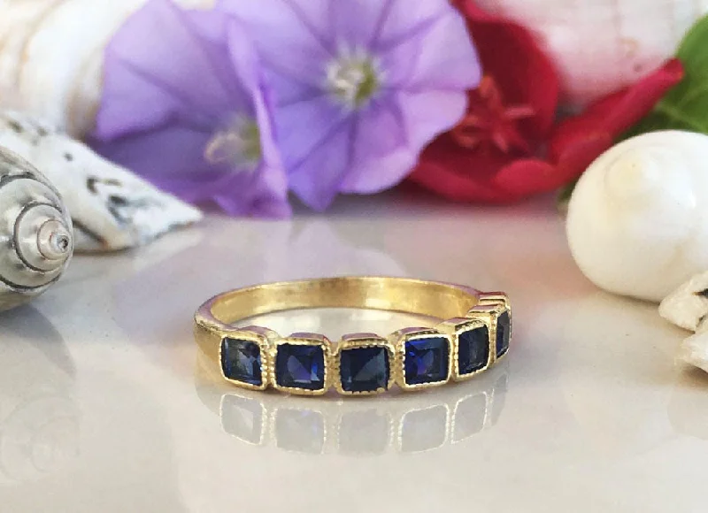 Topaz Gemstone Rings with a Faceted Cut and Shimmering EffectBlue Sapphire Ring - September Birthstone - Stacking Ring with Seven Square Blue Sapphire Gemstones