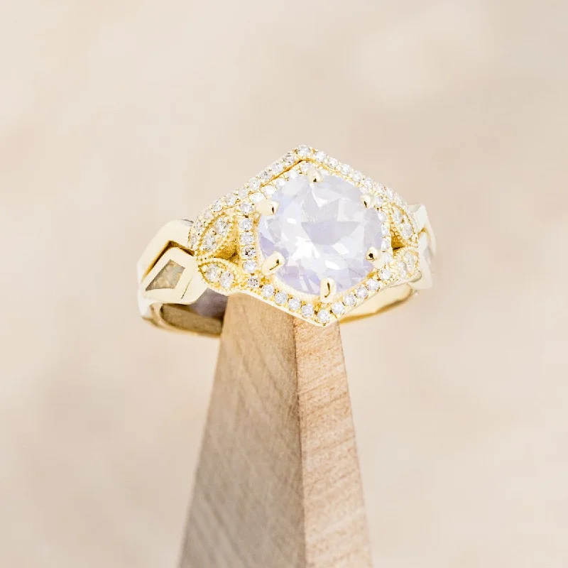 "LUCY IN THE SKY" - ROUND CUT LAVENDER MOON QUARTZ WEDDING BAND SET WITH DIAMOND HALO & TRACER