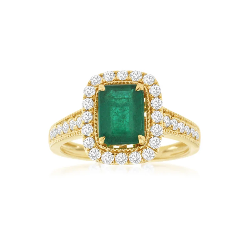 Opal Gemstone Rings with a Rainbow - Hued Play of Color14 Karat Yellow Gold Emerald Cut Emerald and Diamond Halo Ring