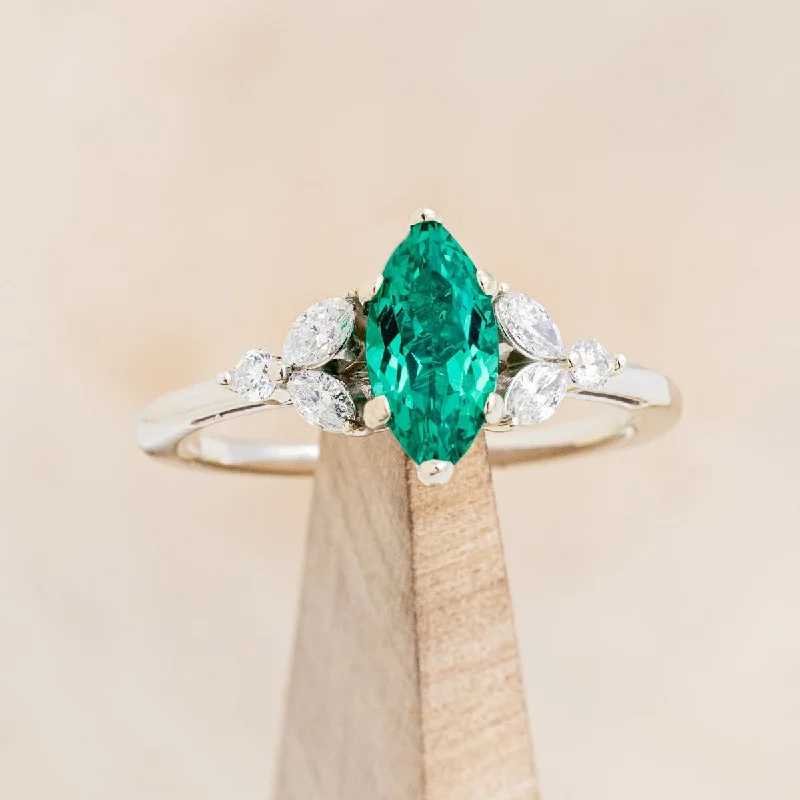 "BLOSSOM" - MARQUISE CUT LAB-GROWN EMERALD ENGAGEMENT RING WITH LEAFCUT DIAMOND ACCENTS