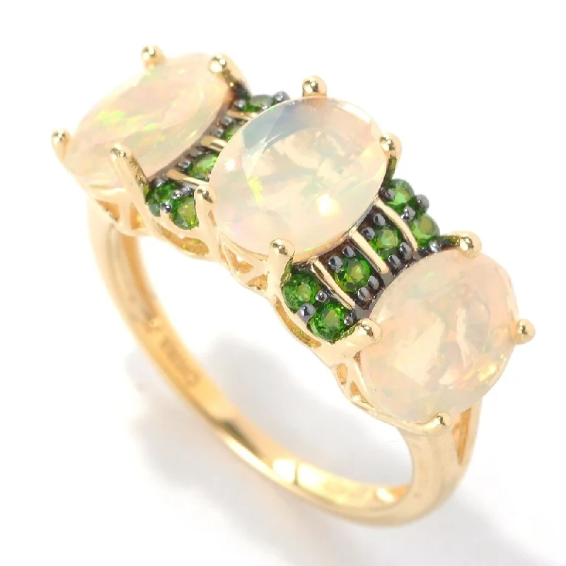 Emerald Gemstone Rings with Diamond - Encrusted HalosYellow Gold Over Silver Chrome Diopside and Opal Ring