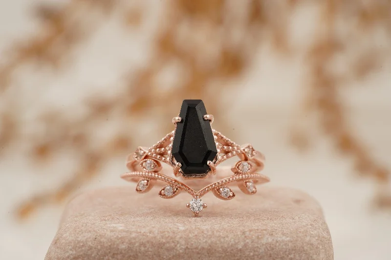 Jade Gemstone Rings with Intricate CarvingsCoffin Shape Black Onyx Engagement Ring Set Curved Stacking Band