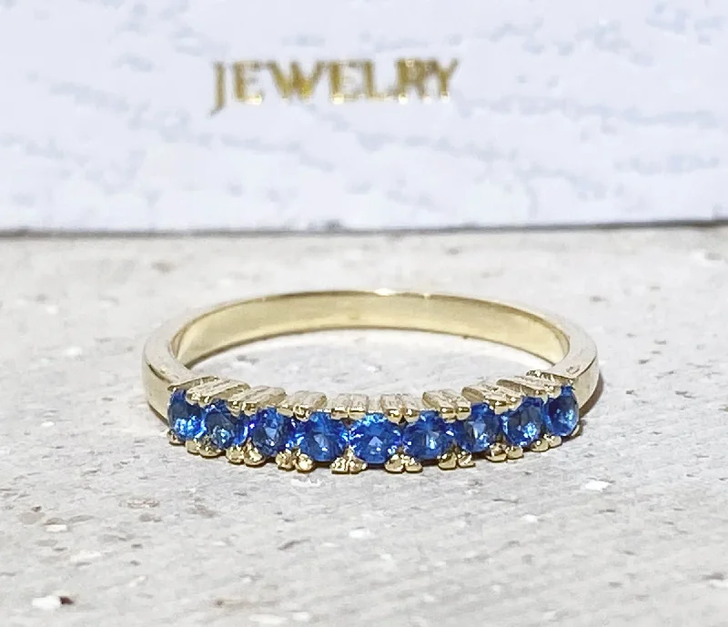 Alexandrite Gemstone Rings with a Chameleon - like Color ChangeBlue Topaz Ring - December Birthstone - Delicate Stacking Half Eternity Ring with Nine Round Blue Topaz Gemstones