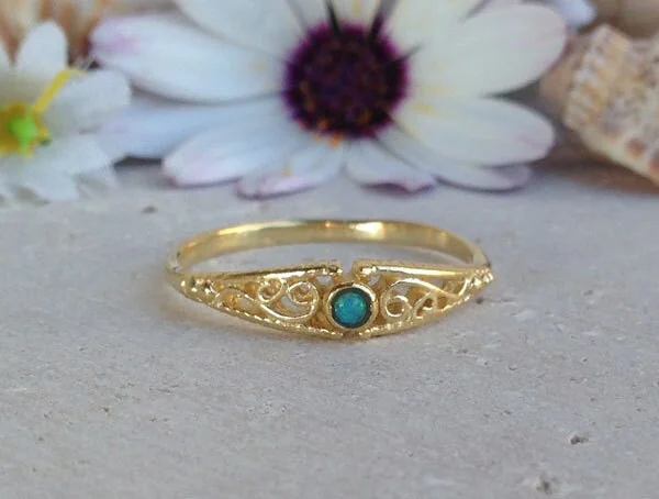 Peridot Gemstone Rings with a Floral - Motif BandBlue Opal Ring - October Birthstone - Delicate Lace Band Ring with Small Blue Opal